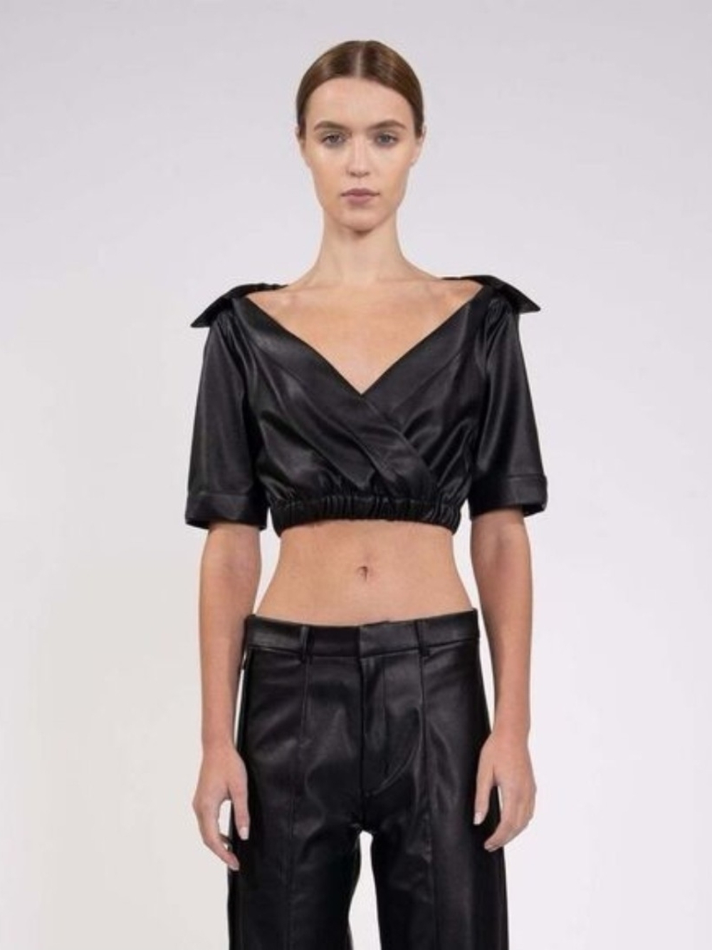 NONchalant Black Faux Leather Cropped Wrap Top (XS)